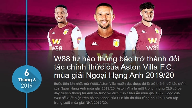 4. W88 là đối tác đội bóng Aston Villa F.C. mùa giải Ngoại Hạng Anh 2019/20
